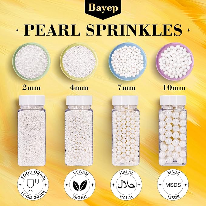 Bayep Edible Pearls for Cake Decorating 10mm White Sprinkles for Cookies, Baking, Ice Cream, Cupcake Topper Pearl Sprinkles Perfect for Wedding Party Valentines Christmas Holiday Supplies 3.52 Ounce
