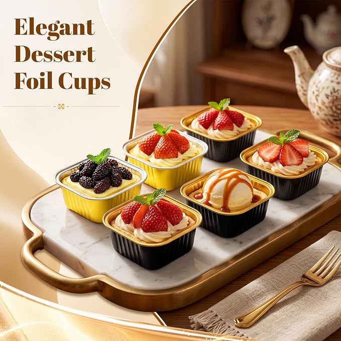 200 Pack 5 oz Mini Cake Pans with Lid, Aluminum Foil Mini Baking Tins, Square Disposable Cupcake Baking Cup Dessert Container for Wedding Birthday Party Picnic(Black, Gold, Classic)