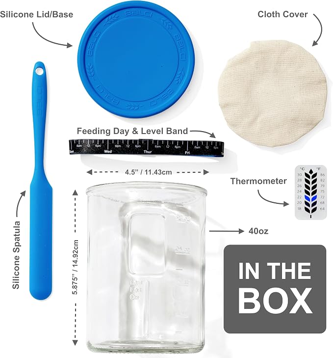 Premium Sourdough Starter Jar - 40oz Large Sourdough Jar with Marked Feeding Band, Scraper, Cloth Cover and Silicone Lid/Base, Wide Mouth Starter Kit - Blue