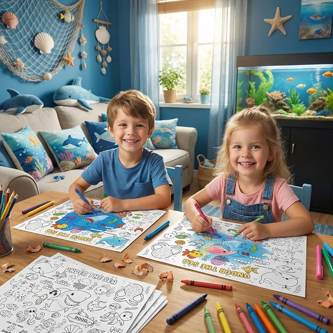 45pcs Under The Sea Disposable Coloring Placemats Ocean Crafts for Kids Party Favors Coloring Poster Classroom Activities Birthday Party Supplies Paper Table Mats