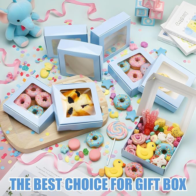 Zonon 60 Pcs Kraft Paper Boxes with Window 4.13 x 4.13 x 1.18 Inch Candy Packaging, Small Gift Boxes, Soap holder, Mini Treat Packaging for Bakery Chocolate Jewelry Display (Blue)