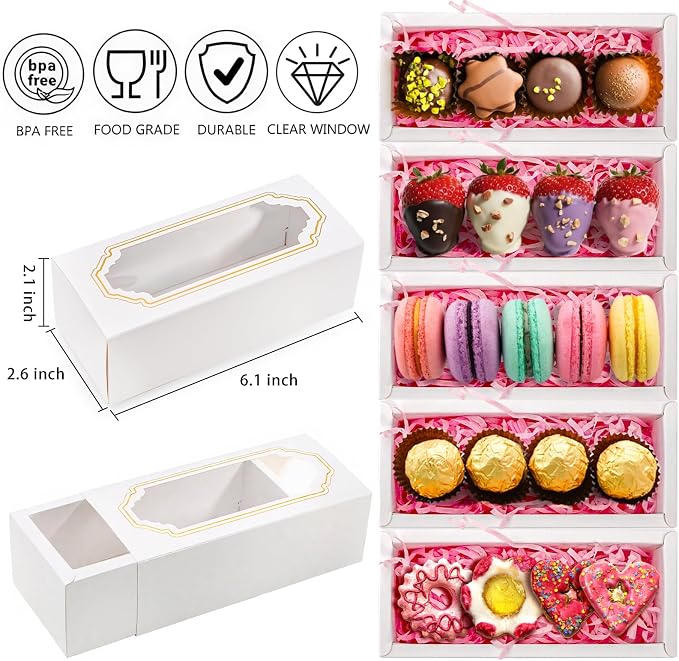 Nicunom 50 Pack Macaron Boxes with Clear Window, Small Macaron Packaging Container Pastry Cookie Candy Strawberry Boxes for 5 Bakery Cocoa Truffle Dessert Wedding Gift