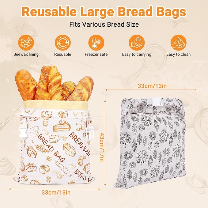 2 Pack Beeswax Bread Bags for Sourdough, Senbowe Reusable Cotton Bread Bags for Storage XL 17x13 Inch, Large Linen Storage Bags with Zipper for Homemade Cooks Sourdough - Keep Fresh, Freezer Safe