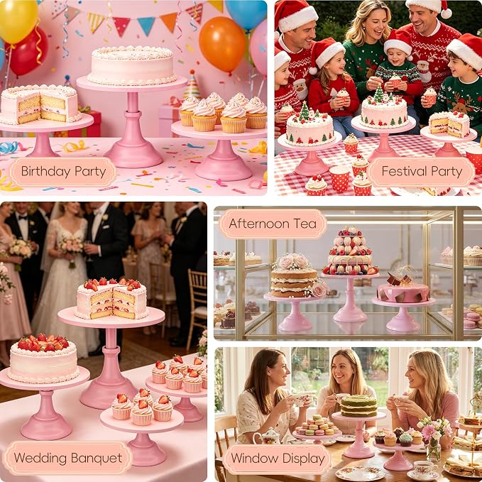 Three-piece Cake Stand Set, Metal Round Trays, 8-inch, 10-inch, and 12-inch, for Dessert Table displays; Perfect for Christmas, Thanksgiving, Birthdays, Weddings, and Other Celebrations(Pink)