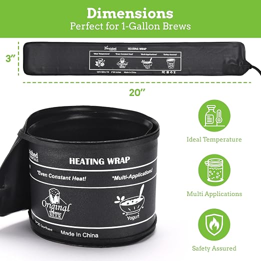 Nourished Essentials | Kombucha Heating Wrap Black - 3''x20'' - Precise Temperature Control for Kombucha Brewing Kit and Fermentation Heater Pad - Homebrew, Germination Supplies and Sourdough Starter