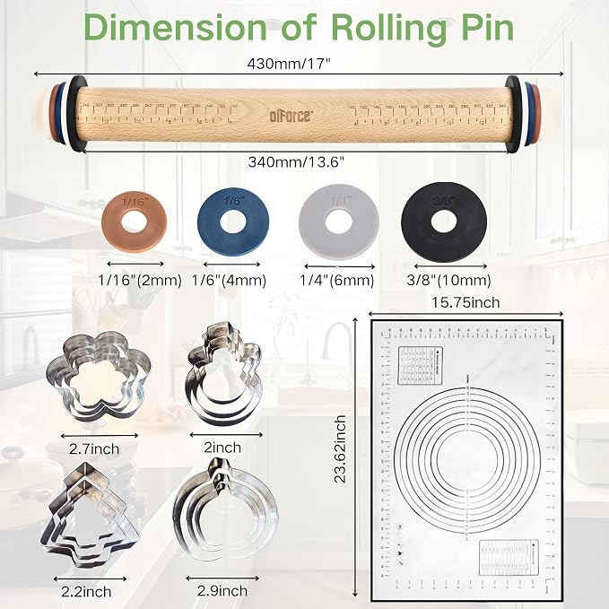 Rolling Pin with Thickness Rings,13.6" Dough Roller with Mat&4 Cookie Molds | Oiforce Multi-purpose Dough Roller For Pizza, Pies, Pastries & Cookies; 4 Adjust-rings Deliver Precise Even Dough Thickness