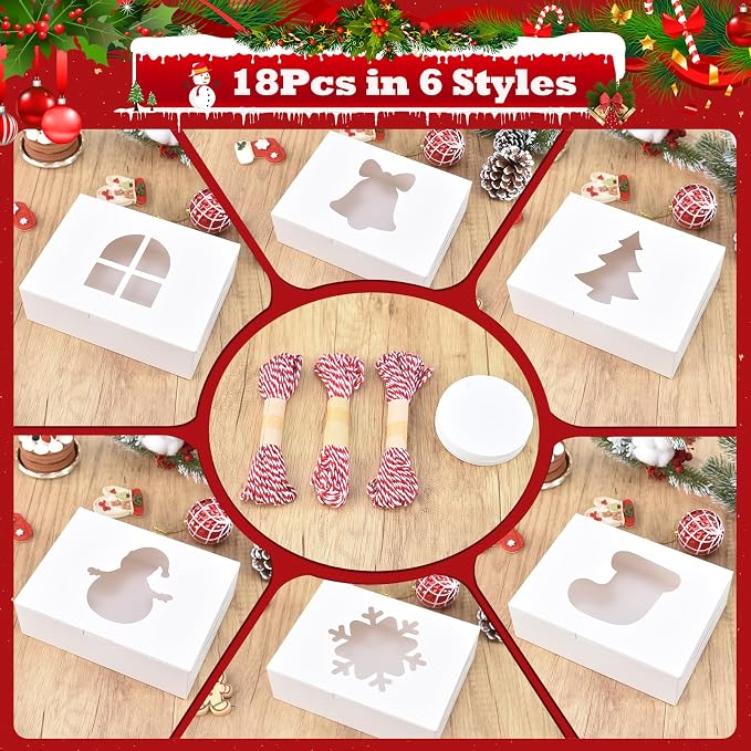 COTOPHER 18Pcs Christmas Cookie Boxes with Window, 9x6x3 inch White Bakery Boxes for Gift Giving, Kraft Treat Boxes Dessert Boxes for Cakes Donuts Chocolate Strawberries Pastries Muffins