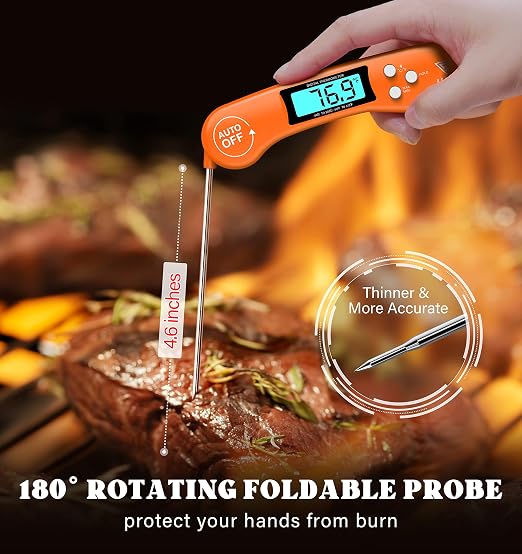 DOQAUS Digital Meat Thermometer, Instant Read Food Thermometer for Cooking with Backlit & Auto-Rotating Display, 4.6” Probe for Grilling, Baking, and Perfect BBQ - Orange