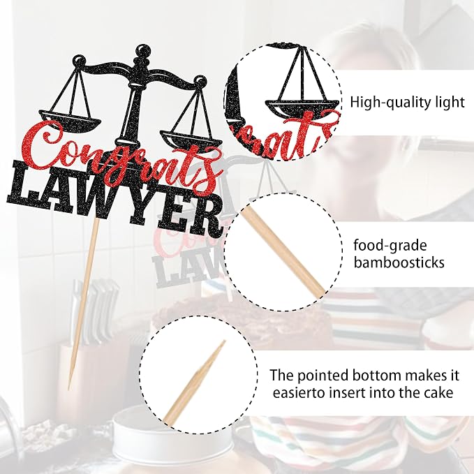 1 Pack Congrats Lawyer Cake Topper Glitter Class of 2026 Law School Survivor Cake Pick 2026 Graduation Cake Decorations for 2026 Lawyer Graduation Party Supplies Black Red