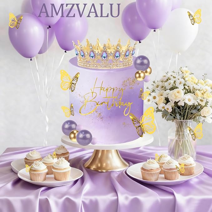 Crown Cake Topper, Purple & Gold Crown Balls Happy Birthday Cake Toppers Candles Butterfly, Corona Para Pastel, Crown Cake Decorations for Women Queen Princess (Gold, Moonlight Purple)