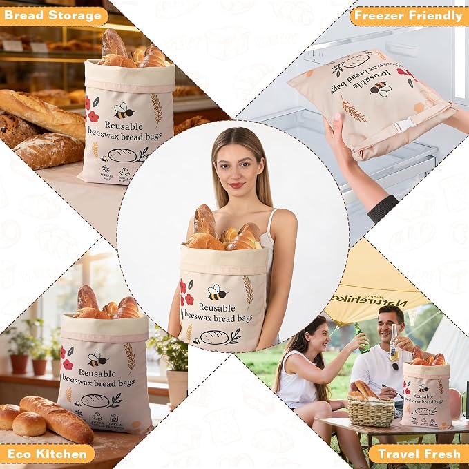 2 Pack Beeswax Bread Bags for Sourdough Homemade Bread, XL Reusable Bread Storage Bag, Organic Waxed Line and Linen Fabric Bread Bag for Home Bakers, Picnics Work or Gift-Giving