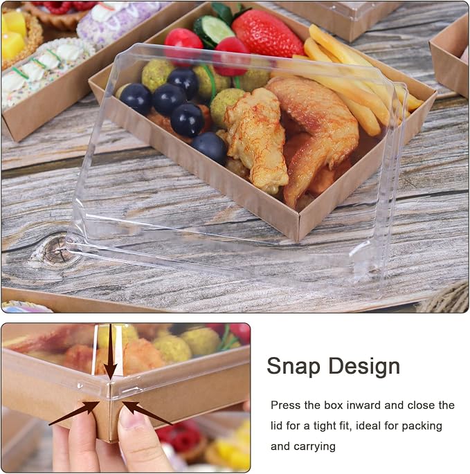 7x5 Inches Charcuterie Boxes with Clear Lids, 80 Pack Disposable Take Out Food Containers, Large Paper Bakery Cake Boxes for Strawberries, Cookies Cupcakes (Brown)