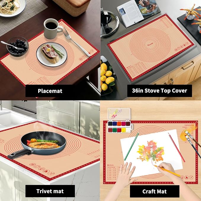 Extra Large Silicone Pastry Mat for Counter Rolling Dough,28x20 Inch,0.75mm Thick,Non Slip Silicone Baking Mat with Measurement(28 x 20 In,Red)