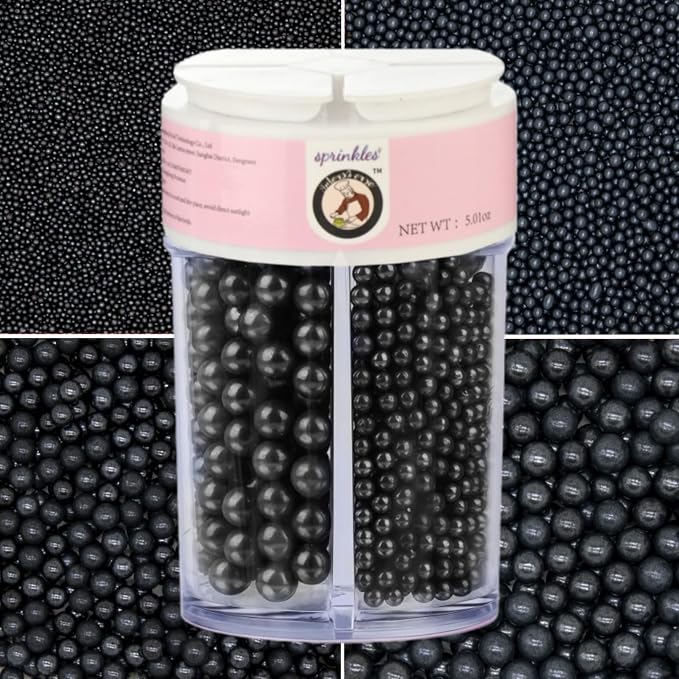 HeDeon&Rles Edible Black Preals Sprinkles for Baking 4 Size（2mm 4mm 7mm 10mm）Black Sprinkles for Cake Cupcake Pancake Icing Decoration Graduation Halloween Supplies