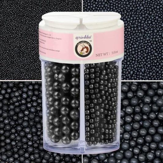 HeDeon&Rles Edible Black Preals Sprinkles for Baking 4 Size（2mm 4mm 7mm 10mm）Black Sprinkles for Cake Cupcake Pancake Icing Decoration Graduation Halloween Supplies