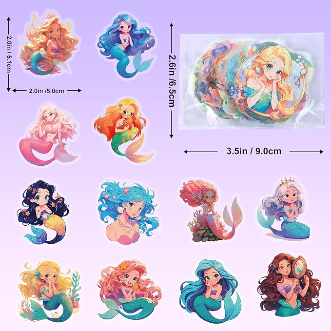 50 pcs Watercolor Cute Mermaid Clear PET Stickers, Fantasy Ocean Princess Transparent Die-Cut Decals, Waterproof Aesthetic Stickers for Girls Journal Scrapbook Planner DIY Party Craft Decor