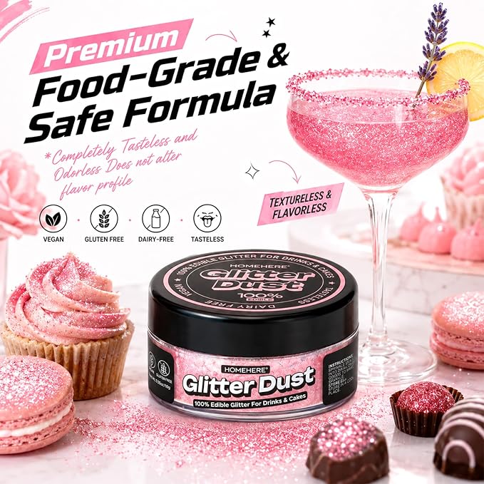 HomeHere Edible Glitter for Drinks & Cakes, 10g Food Grade Disco Diamond Glimmer Dust, Sparkle Powder for Cocktails, Chocolate, Baking Decorations, Vegan& Tasteless (Light Pink)
