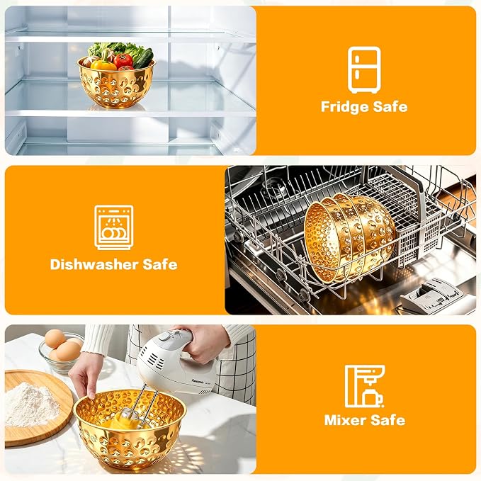 6-Piece Gold Serving Bowls (1.6-4.9 QT), Gold Bowl Set with Hammered Design, Nesting Stainless Steel Mixing Bowls for Movie Night, Party and Home Decor