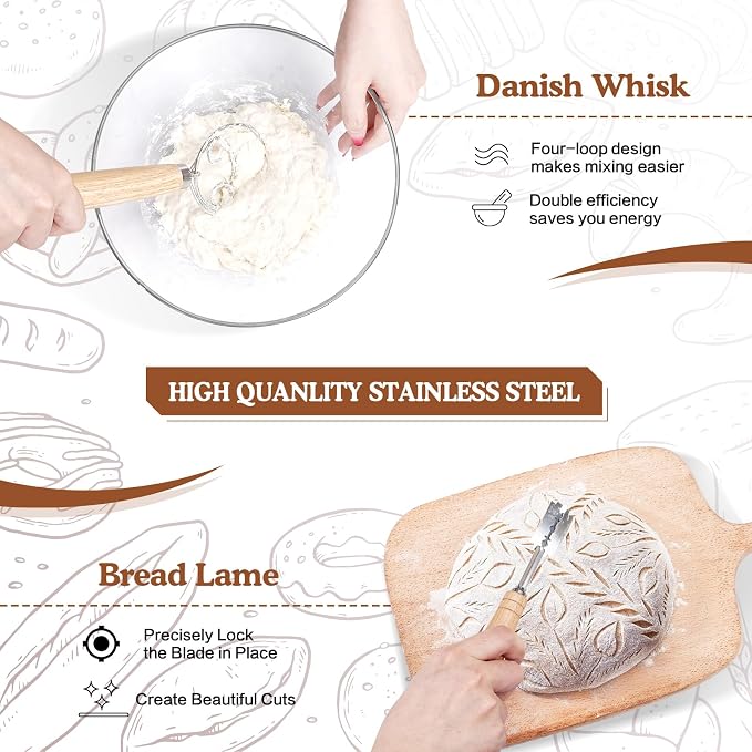 Sourdough Starter Kit with 2 Proofing Baskets, 36oz Sourdough Starter Jar, Bread Lame, Dough Scraper, Dough Whisk & Silicone Bread Sling
