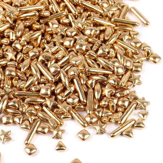 Gold Star Sprinkles for Cake Decorating 3.5 oz Assorted Sugar Cupcake Topper, Cookies, Perfect for Xmas，Wedding, New Year’S Eve Party (Cube, Jumbo Rice, Star, Rods, Triangle Sugar)
