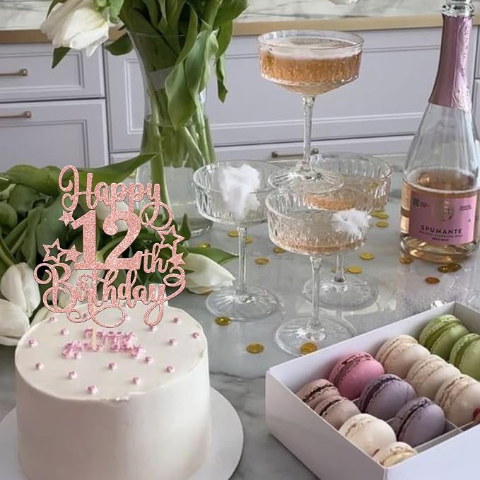 1 PCS Happy 12th Birthday Cake Topper Glitter Cheers to 12 Years Birthday Cake Pick Hello 12 Fabulous Cake Decoration for Happy 12th Birthday Anniversary Party Decorations Supplies Rose Gold