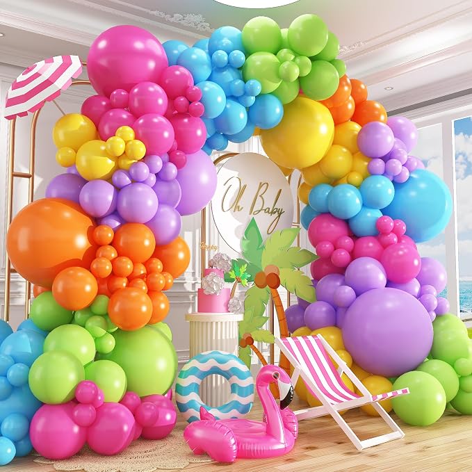 412pcs Summer Tropical Balloon Arch Garland Kit, Different Sizes 18 12 10 5inch Rainbow Hot Pink Green Orange Blue Purple Balloons for Hawaiian Luau Aloha Baby Shower Birthday Party Decorations