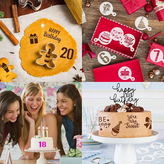 JULBEAR Birthday Cookie Stencils 36 Pcs Reusable Templates for Cake Baking | Reusable Mold, Birthday Party Dessert Coffee Decoration, Cookies Painting DIY, 36 Pieces Templates Tools