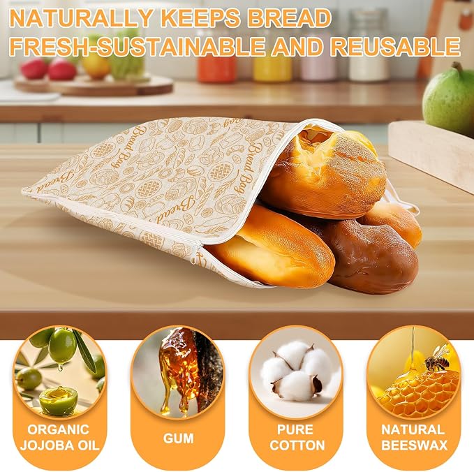 2PCS Zipper Reusable Beeswax Bread Bags 13"x17" Homemade Bread Bag | Breathable Bees Wax Bread Bag with Wide Zipper, Freezer Safe Beeswax Bags for Bread, Homemade Bread Storage