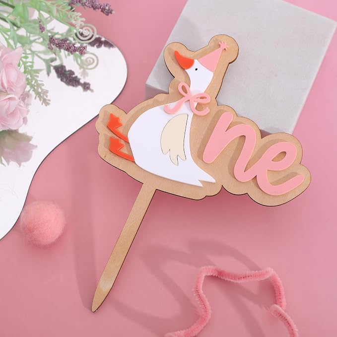 Wooden One Silly Goose 1st Birthday Cake Topper - Silly Goose First Birthday Decorations,Baby Girl 1st Party Decor (pink1)