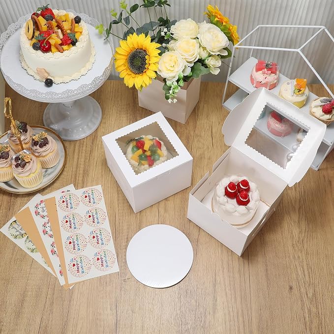 COTOPHER 50pcs 6x6x5 Inch Mini Cake Boxes, 6 Inches Small Bakery Box (25 Boxes & 25 Boards), Bento Cake Containers for Cookies, Cupcake, Desserts, Birthday, Party, Wedding, Valentine's Day
