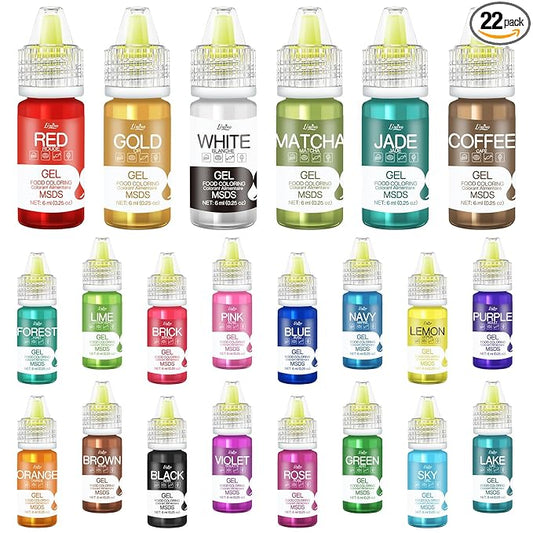 Gel Food Coloring - 22 Vivid Colors Gel Food Coloring Set for Baking, Cake Decorating, Cookie, Fondant, Macaron - Tasteless Concentrated Edible Food Color Dye for Icing, Drinks, Crafts - 6ml Bottles