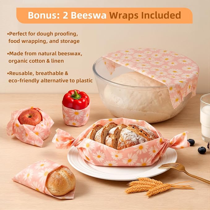 2 Pack Reusable Beeswax Bread Bags with 2 Wraps, 100% Premium Cotton Bread Storage for Homemade Bread, Keeps Sourdough & Baguettes Fresher, Easy Clean Kitchen & Travel Use