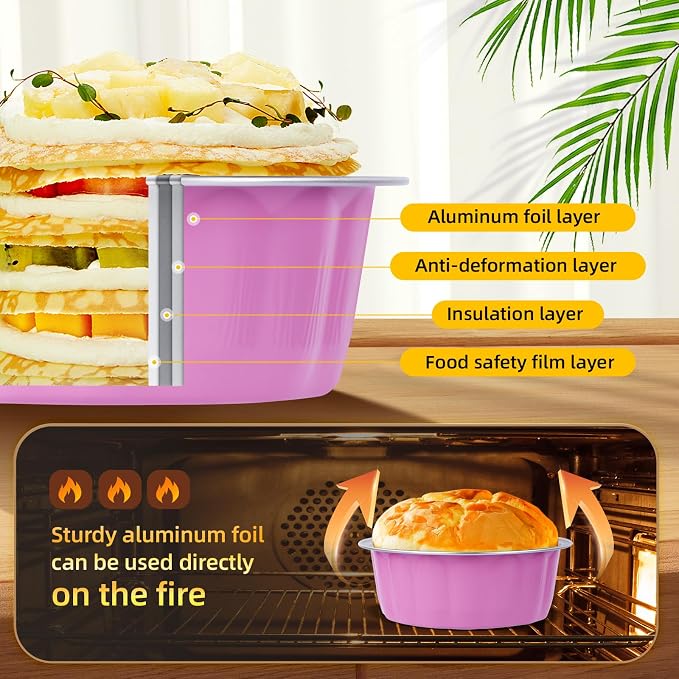 Beasea 8 oz Ramekins with Lids, 120 Pack 8 oz 4 Inch Disposable Mini Pink Aluminum Foil Creme Brulee Baking Cups Small Round Cupcake Tart Pie Tins Pans Individual Containers Oven Safe