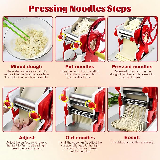 Commercial Pasta Maker, Stainless Steel Manual Pasta Machine with Adjustable Thickness Settings, Angel Hair Ravioli Noodle Cutter,Dough, Wide Noodles, Fine Noodles, Lasagna or Dumpling Skins