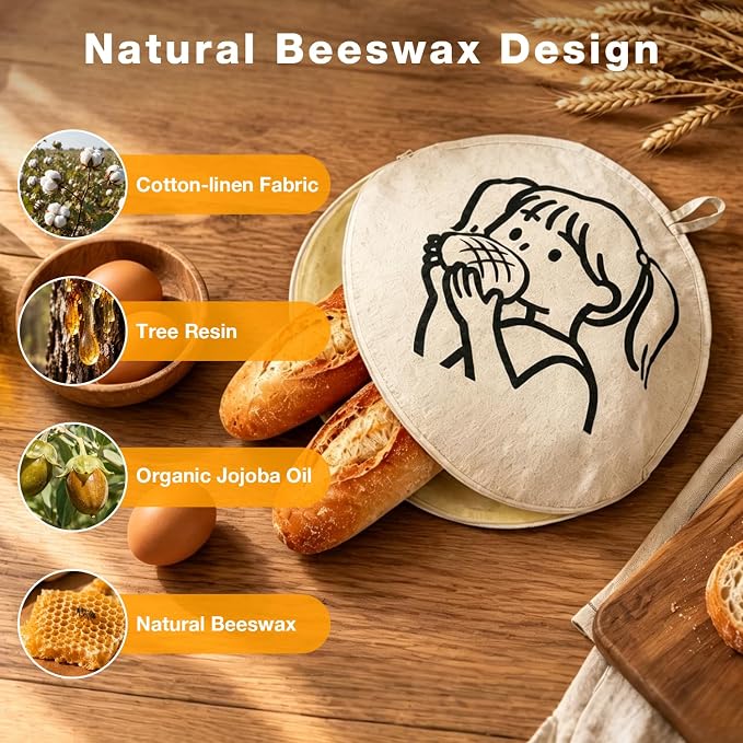 Reusable Bread Bag for Homemade Bread, 15 Inch Round Beeswax Bread Bag Fits Most Proofing Baskets, Cotton Linen Sourdough Bread Storage Bag for Artisan Bread Loaves