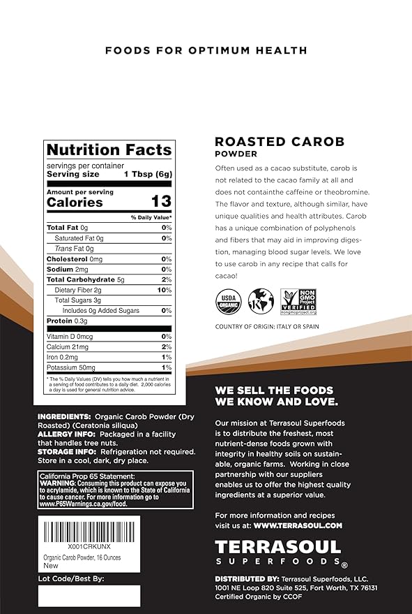 Terrasoul Superfoods Organic Carob Powder, 1 Lb - Cocoa Powder Alternative | High in Fiber