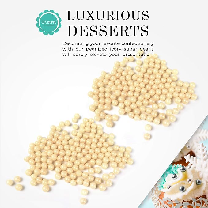 O'Creme Ivory Edible Sugar Pearls Cake Decorating Supplies for Bakers: Cookie, Cupcake & Icing Toppings, Beads Sprinkles For Baking, Certified, Candy Sugar Ball Accents (2mm, 16 Oz)