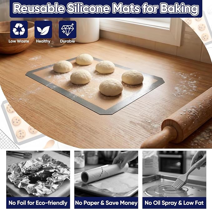 E-far Small Silicone Baking Mats, 2-Pack Nonstick Reusable Silicone Mat for Toaster Oven Pan Baking Cookie, Fit 7.5x10” Rectangle Sheet Tray for Steak, Food Grade & Heat-Resistant, Easy Clean, Gray