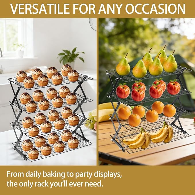 4-Tier Stackable Cooling Rack for Baking, Collapsible Wire Cookie Rack with Adjustable Heights, Non-Stick Roasting & Drying Rack for Cupcakes, Pies and Pastries, Space-Saving Kitchen Essential