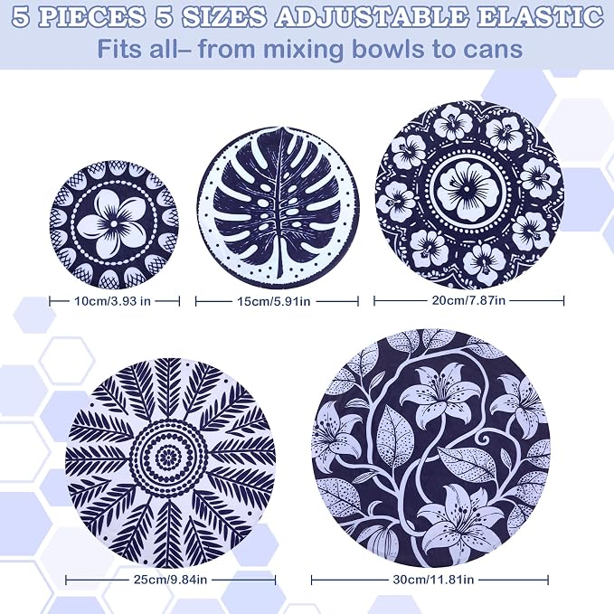 5-Size Reusable Beeswax Bowl Covers for Bread Proofing, Cotton Cloth Flexible Beeswax Wraps for Food Storage(Blue Lily)