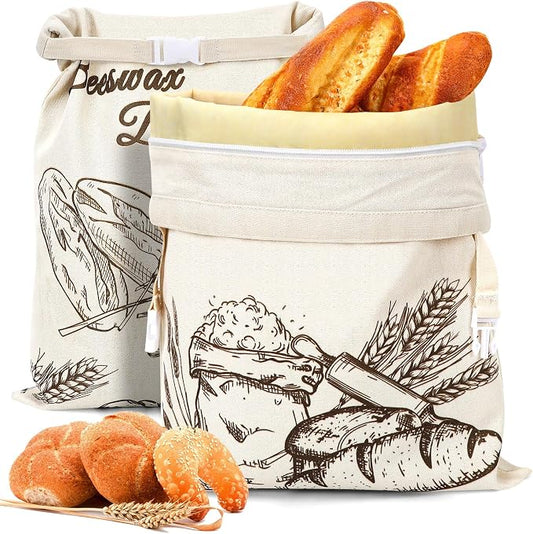 Augshy 2-Pack Beeswax Bread Bags for Homemade Bread 17 inches x 13 inches Reusable Sourdough Bread Bags with Zipper Handle Beeswax Lined Linen Bread Storage for Freshness Artisanal Loaves Baguettes