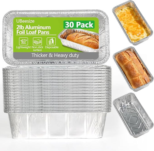 UBeesize 2Lb Thicker & Heavy Duty Disposable Aluminum Loaf Pans, 30 Pack Ultra Sturdy 8.5 x 4.5 Foil Bread Pans for Baking Banana Bread, Cakes, Meatloaf & Food Storage