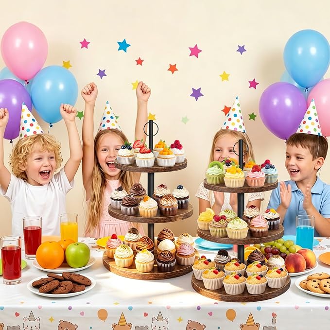 Cupcake Stand, 3 Tier Cake Stands Rustic Dessert Table Display Set Wood Cupcake Tower Cake Stand Tiered Tray Stand for Wedding Birthday Baby Shower 2 Pack