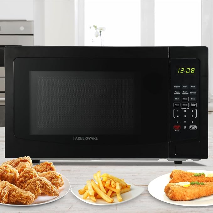 Farberware 1.1 Cu. Ft. Countertop Microwave Oven – 1000 Watts Power, Auto Cook Settings, Defrost, Easy Clean and Child Safety Lock - Black