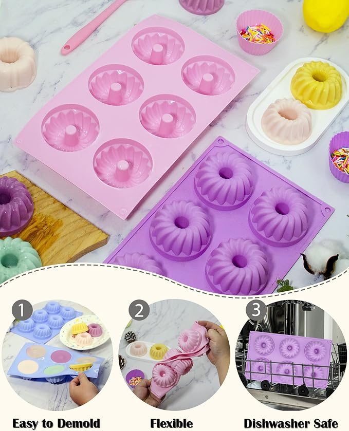 LGQUK Jello Molds 3pcs Silicone Fluted Tube Cake Pans, 6-Cavity Non Stick Silicone Baking Molds for Cupcake, Donuts,Muffin, Cornbread, Brownie, Jellies (Purple+Blue+Pink, Fluted Tube)