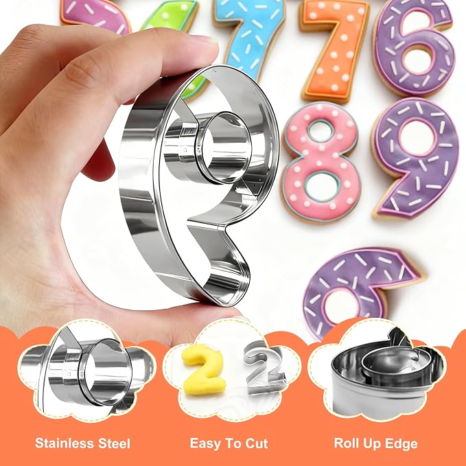 Number Cookie Cutter Set - 10Pcs Mini Cookie Cutters Variety Pack with Dough Scraper, Stainless Steel Numbers 0-1-2-3-4-5-6-7-8-9 Cookie Mold for Biscuits, Fondant