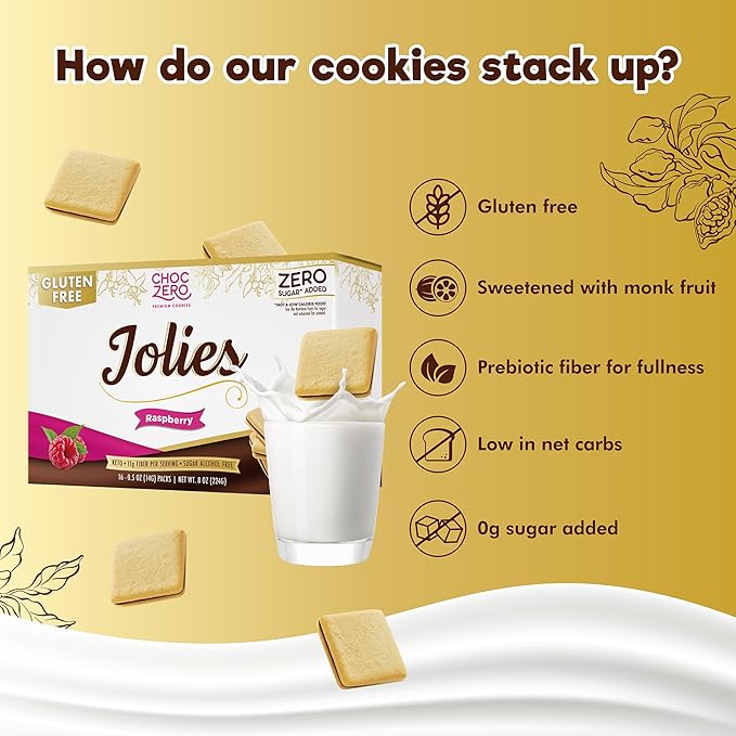 ChocZero Dark Chocolate Raspberry Jolies Cookies, Sugar Free Chocolate Filled Cookies, Gluten Free, Keto, Low Carb, High Fiber, 8 oz Box