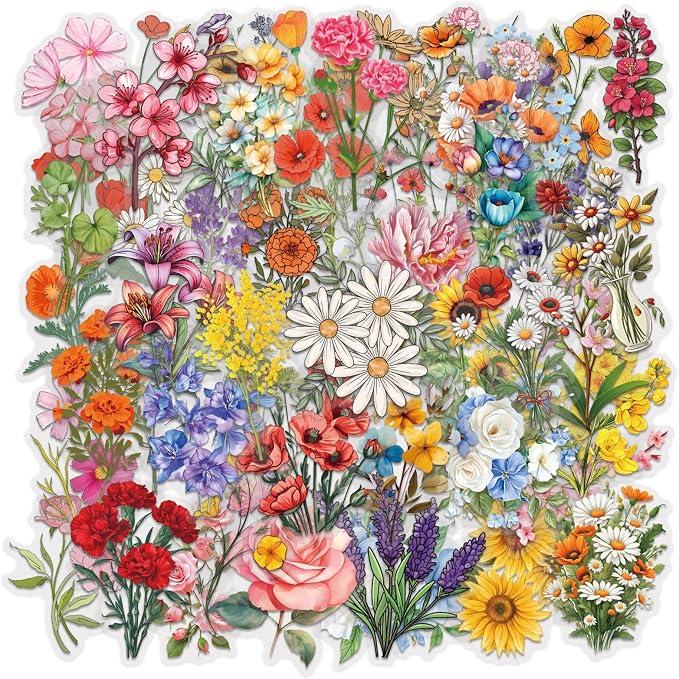 Cute Flowers Stickers 50PCS Beautiful Plants Waterproof Flower Stickers for Water Bottles Laptop Luggage Journaling, Party Rewards Waterproof Vinyl Decals for Kids Teens Adults (Flower-1)