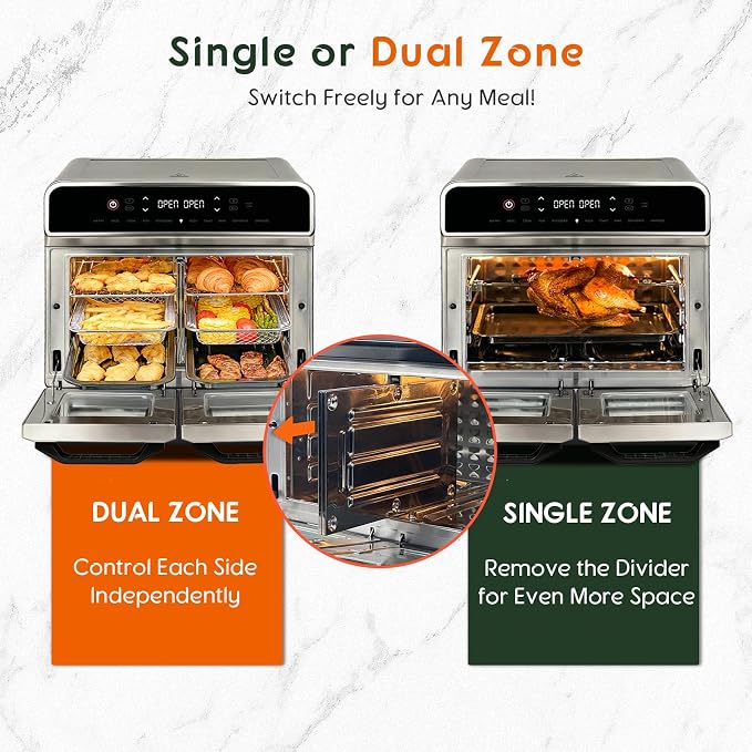 HYSapientia Dual Zone Air Fryer Toaster Oven Combo,10-in-1 Inner and outer Stainless Steel Air Fryer with Rotisserie,24QT Extra Large Countertop Convection Oven,13 Accessories,Even Heating