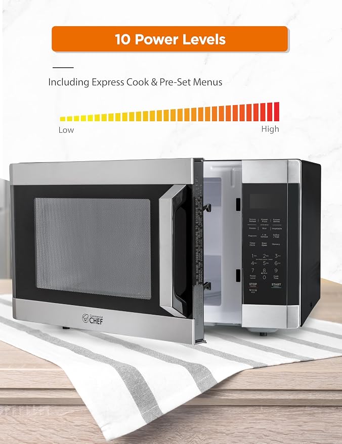 COMMERCIAL CHEF 1.6 Cubic Foot Microwave with 10 Power Levels, Small Microwave with Pull Handle Child Safety Lock, 1100 Watt Microwave with Digital Control Panels,Stainless Steel